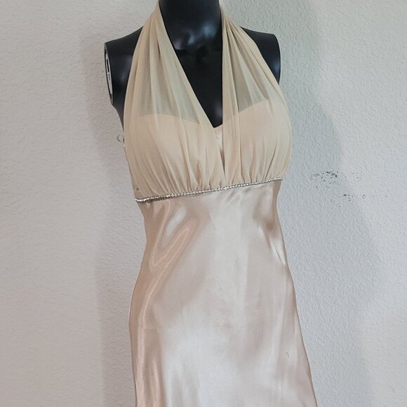 Vintage 90s Y2K Betsy & Adam Dress Size 8 Satin Halter Prom Fishtail Champagne - Picture 1 of 13